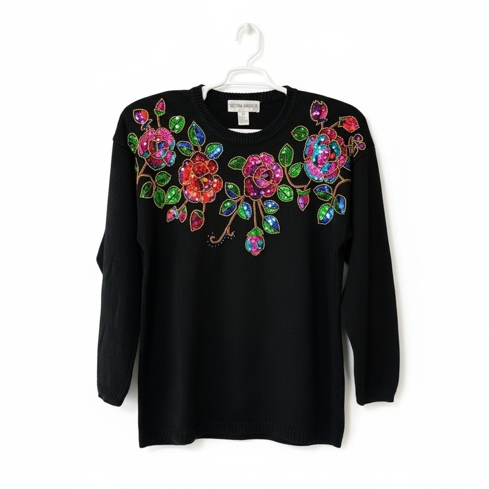Victoria Harbour Vintage Sequined Beaded Black Cotton Ramie Sweater Women's L